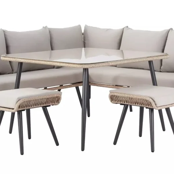 Outdoor patio furniture set with 4 pieces – beige and grey waterproof woven rope sofa and powder-coated iron frame bistro set.