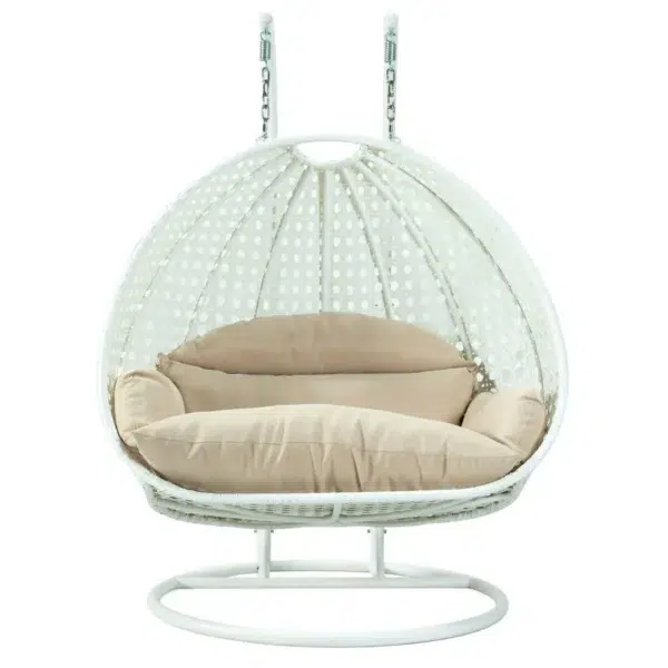 Double seater hanging swing chair in white and cream, suspended from a sturdy frame, perfect for indoor or outdoor relaxation.