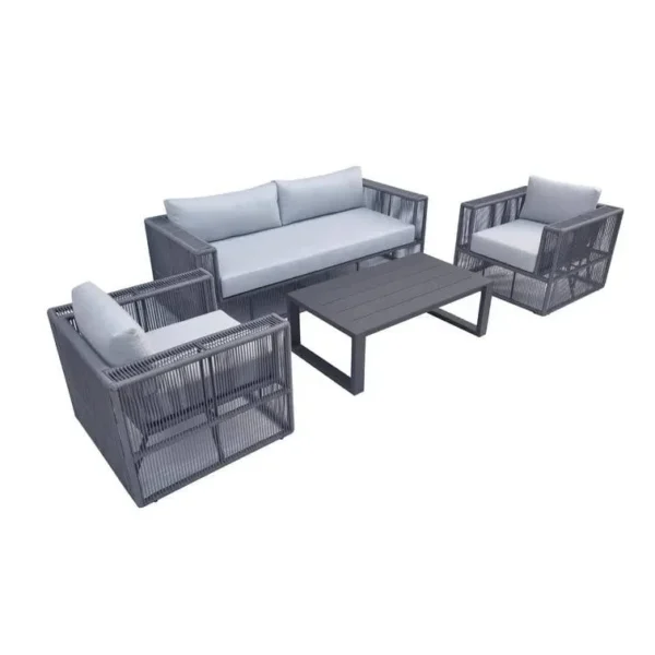 Unique grey rope bistro set with 4 pieces, modern outdoor dining chairs and table." Caption: