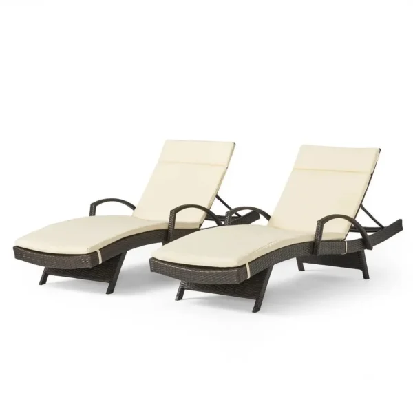 Dark brown rattan sun lounger set with cream cushions and adjustable backrests for patio, lawn, or beach.