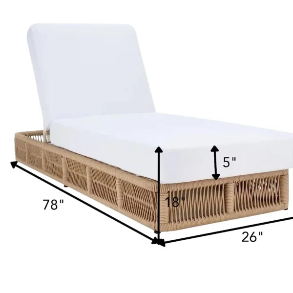 beige rope sun loungers with plush white cushions, perfect for outdoor relaxation.
