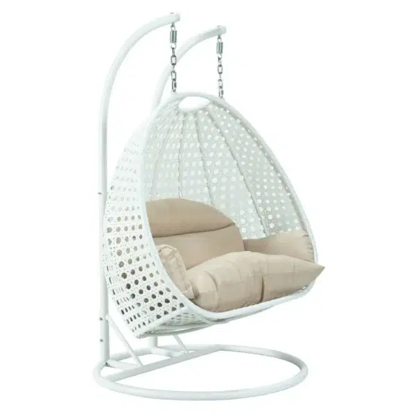 Double seater hanging swing chair in white and cream, suspended from a sturdy frame, perfect for indoor or outdoor relaxation.