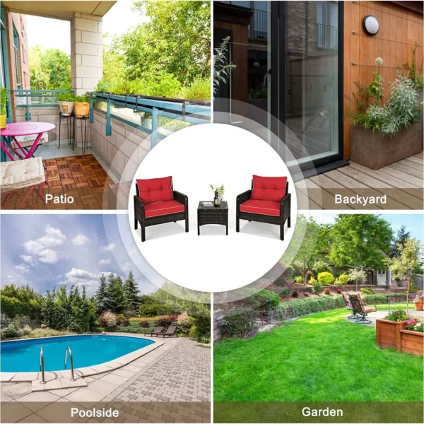 3-piece rattan wicker patio furniture set with dark brown frame and red cushions, including two chairs and a small table