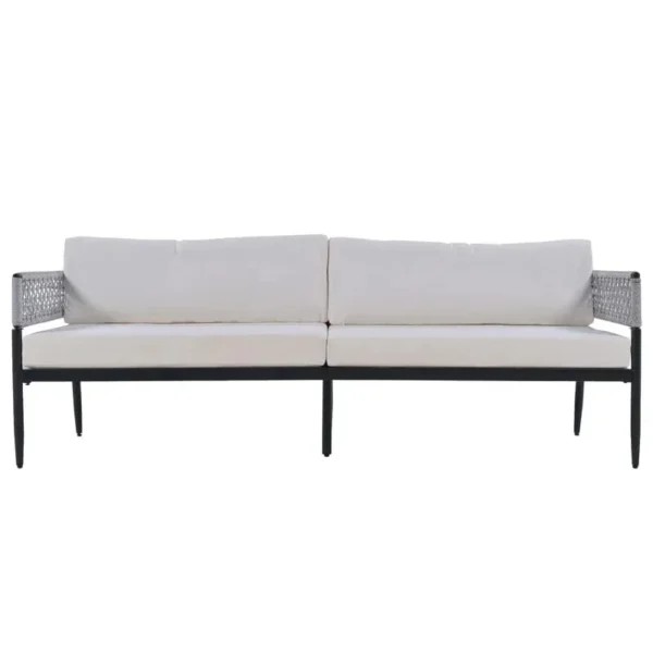 4 seater outdoor conversation sofa set with grey and white rope design, soft cushions, and matching center table.