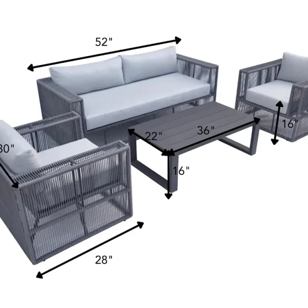 Unique grey rope bistro set with 4 pieces, modern outdoor dining chairs and table." Caption: