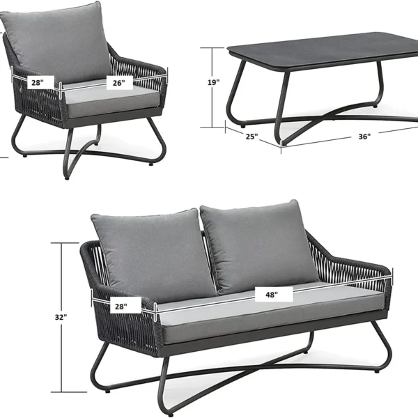 Grey 4-seater outdoor sofa set with plush cushions and matching table on a patio.