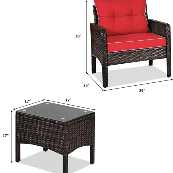 v3-piece rattan wicker patio furniture set with dark brown frame and red cushions, including two chairs and a small table
