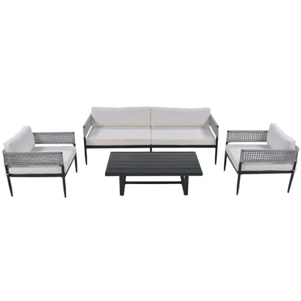 4 seater outdoor conversation sofa set with grey and white rope design, soft cushions, and matching center table.