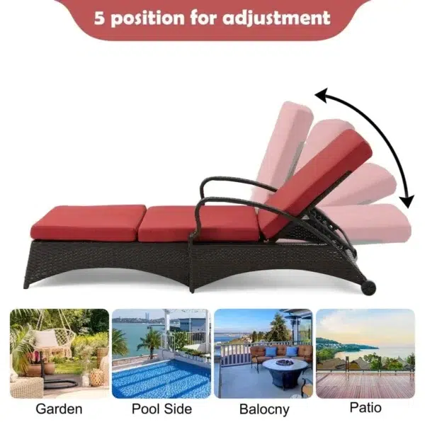 Red wicker rattan outdoor patio chaise lounge chair with side table, perfect for relaxing outdoors.