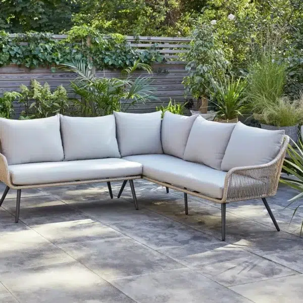 Outdoor patio furniture set with 4 pieces – beige and grey waterproof woven rope sofa and powder-coated iron frame bistro set.