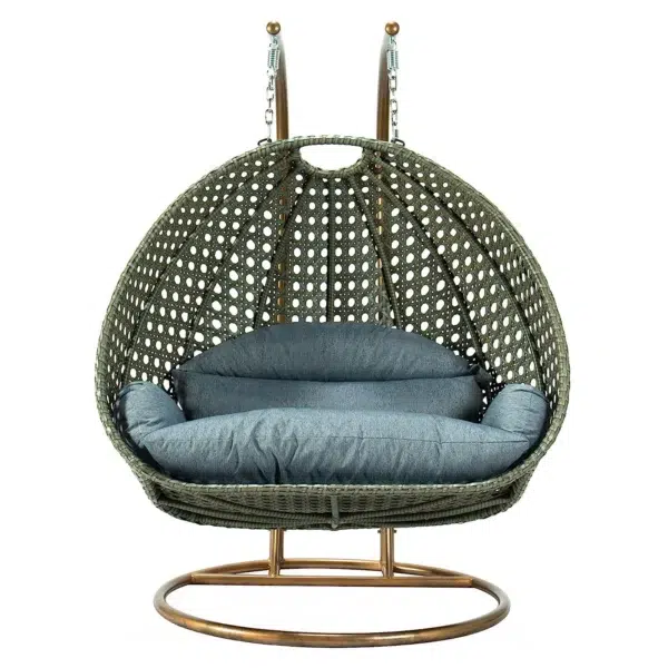 Double seater hanging swing chair with dark green frame and dark grey cushions, ideal for indoor or outdoor relaxation.