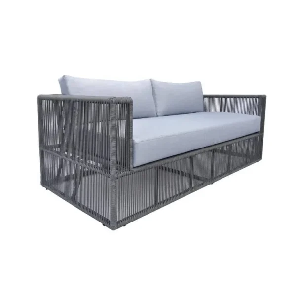 Unique grey rope bistro set with 4 pieces, modern outdoor dining chairs and table." Caption: