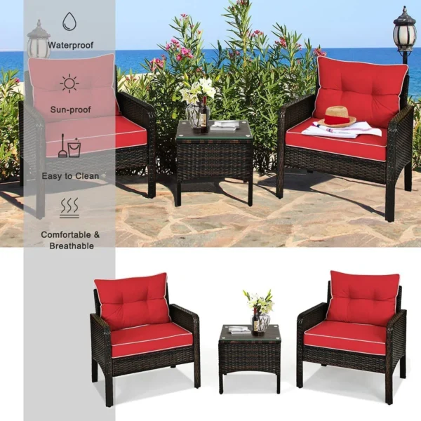 3-piece rattan wicker patio furniture set with dark brown frame and red cushions, including two chairs and a small table