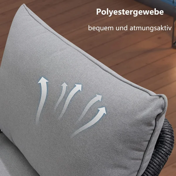 Grey 4-seater outdoor sofa set with plush cushions and matching table on a patio.