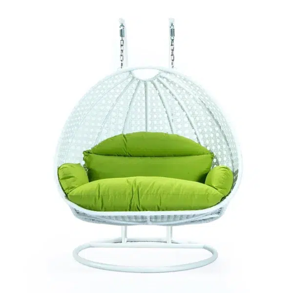 Light green and white swing chair with a sturdy stand and cushioned seat, perfect for indoor and outdoor relaxation.