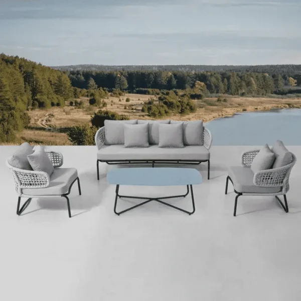 Grey outdoor rope patio sofa set with cushions, ideal for backyard or garden seating.