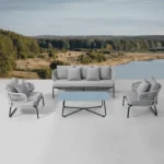 Grey outdoor rope patio sofa set with cushions, ideal for backyard or garden seating.