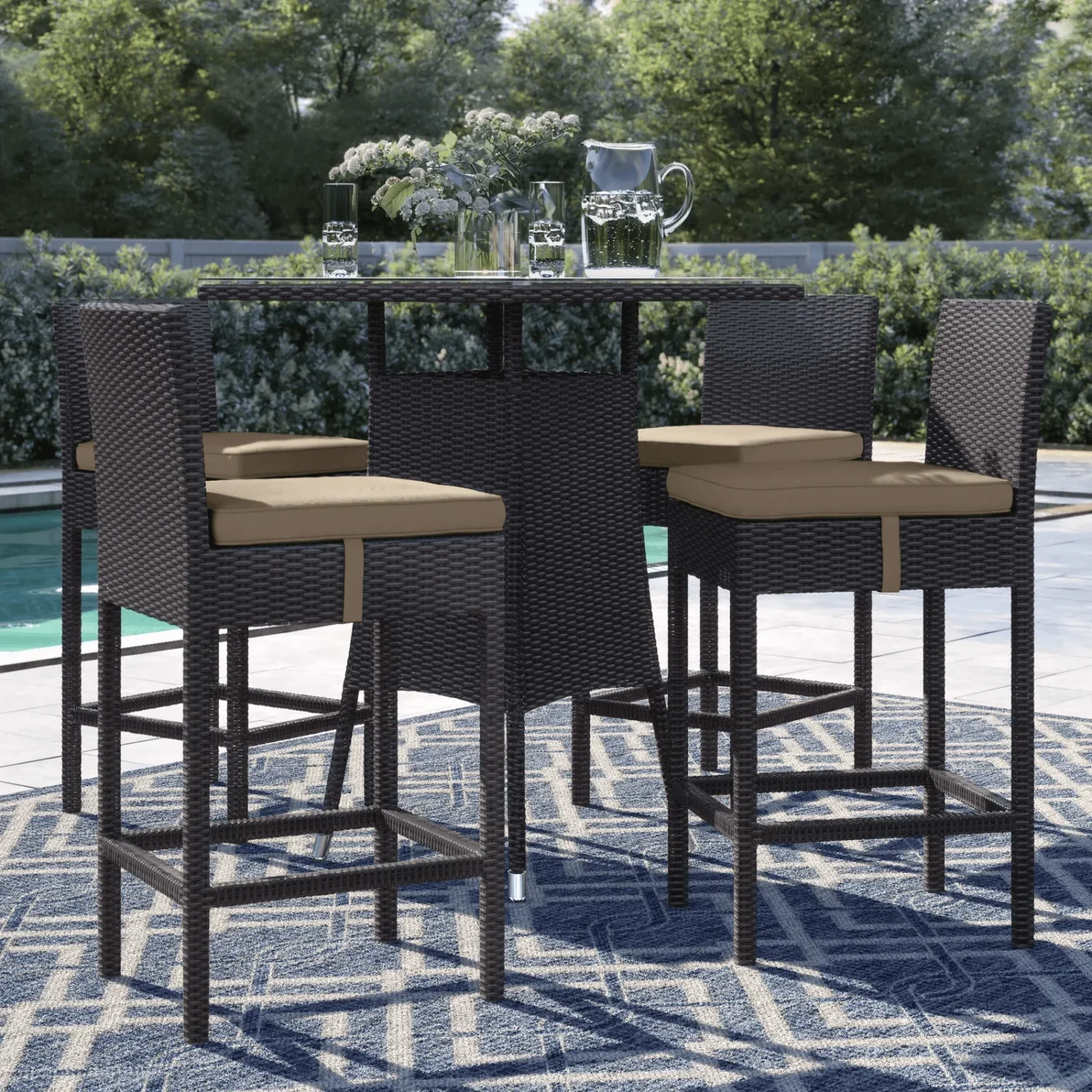 5-piece elevated patio bar set in dark brown wicker with beige cushions, ideal for outdoor entertaining.