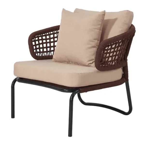 Brown and cream outdoor rope conversation sofa set with cushions on a patio