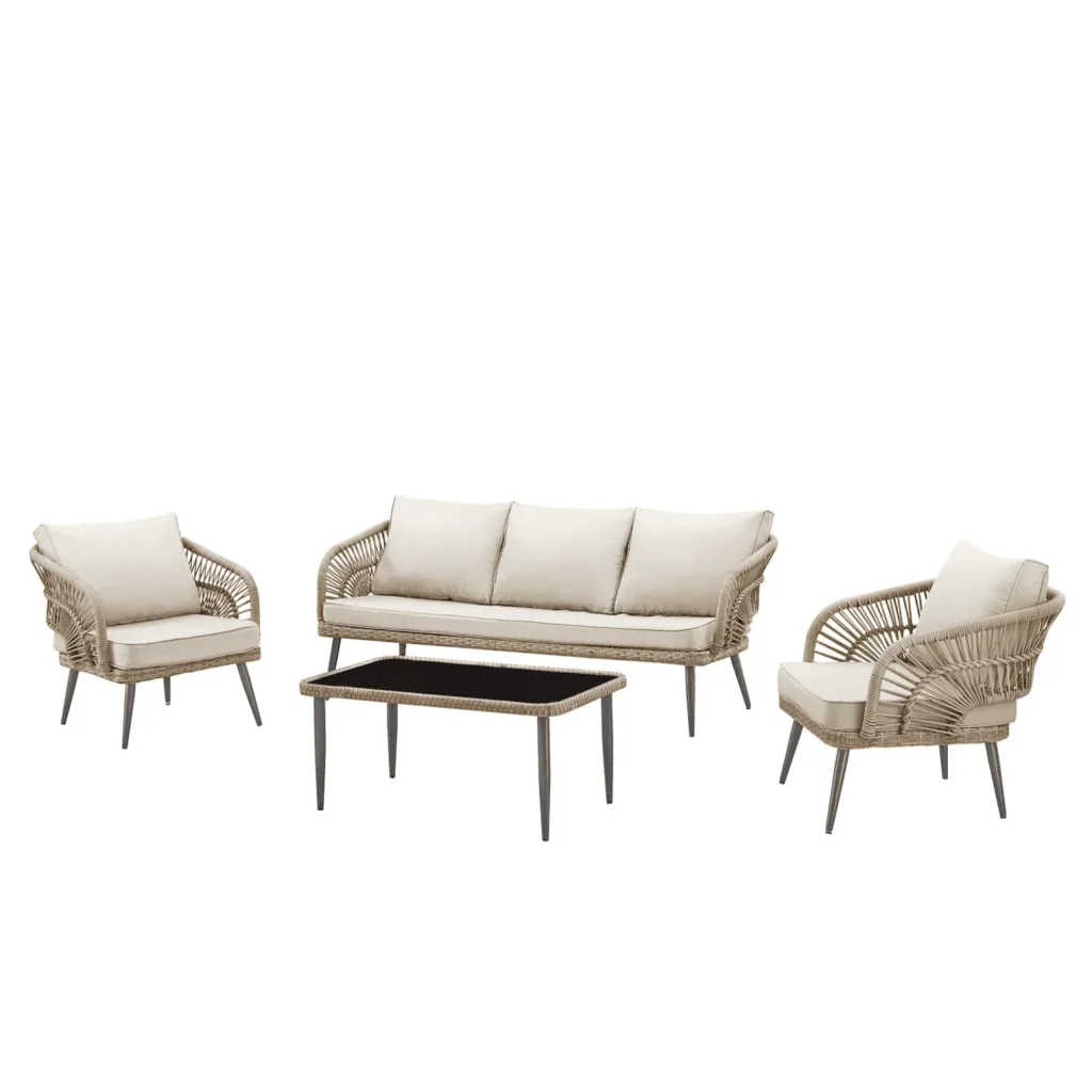 5-Piece Outdoor Rope Sofa Set in Beige with Cushions and Coffee Table for Patio and Garden