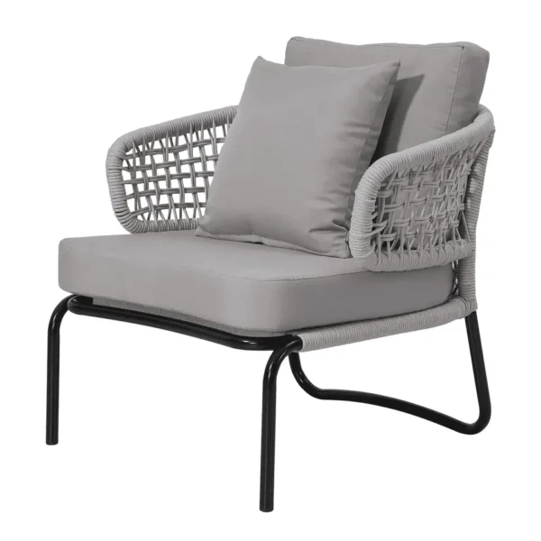 Grey outdoor rope patio sofa set with cushions, ideal for backyard or garden seating.