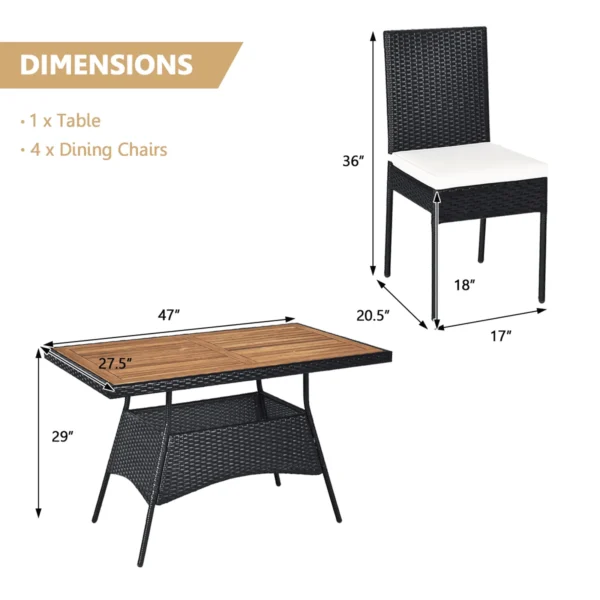5-piece black and white rattan patio dining set with cushioned chairs and wooden tabletop