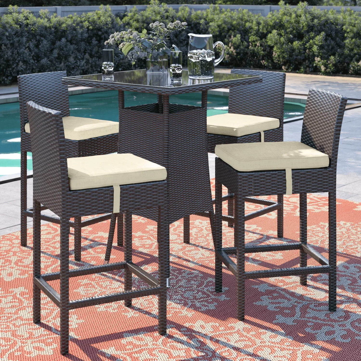 5-piece outdoor patio heighted wicker bar set in dark brown with off-white cushions