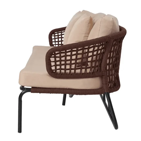 Brown and cream outdoor rope conversation sofa set with cushions on a patio