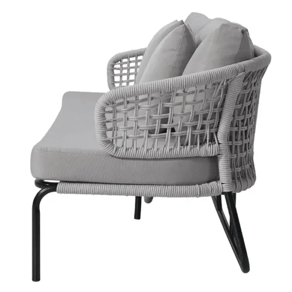 Grey outdoor rope patio sofa set with cushions, ideal for backyard or garden seating.