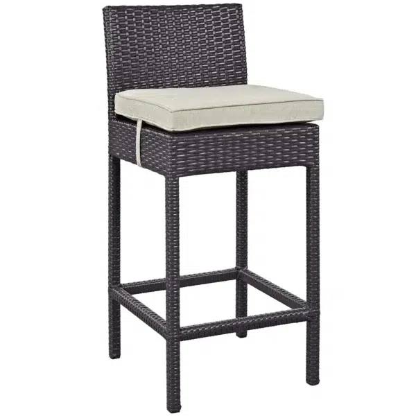 5 piece outdoor patio wicker dining bar set in dark brown and off-white with chairs and table.