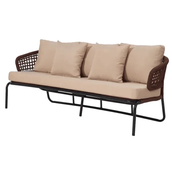 Brown and cream outdoor rope conversation sofa set with cushions on a patio