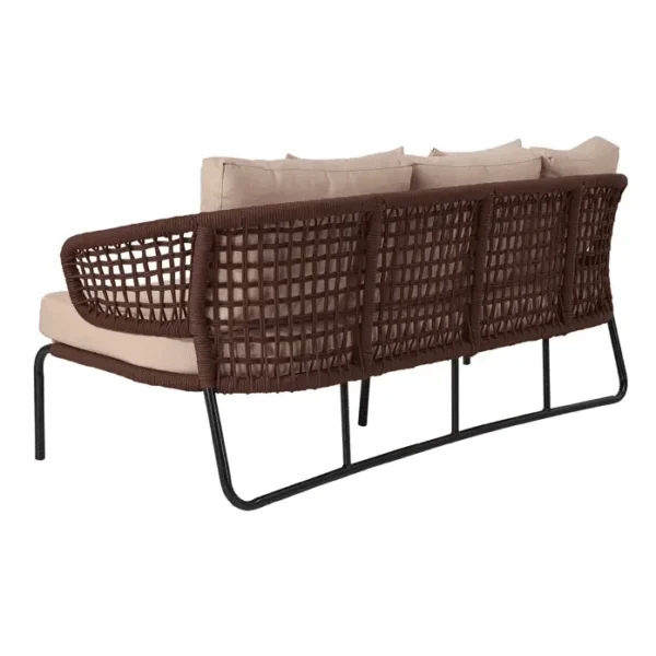Brown and cream outdoor rope conversation sofa set with cushions on a patio