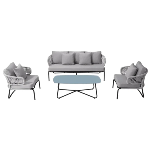 Grey outdoor rope patio sofa set with cushions, ideal for backyard or garden seating.