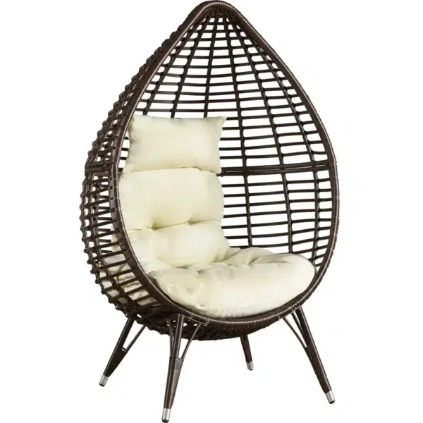 Brown single seater swing basket hanging in balcony with cushions.