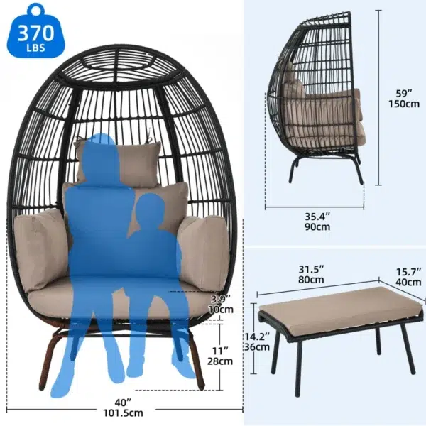Black double -seater swing basket with ottoman, perfect for balcony and garden seating.