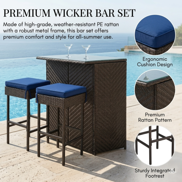 LOCCUS Outdoor Patio Bar Sets 2 Stools and 1 Table - Dark Brown - Image 6