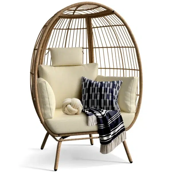 Beige single seater swing basket for balcony and garden with comfortable cushion.