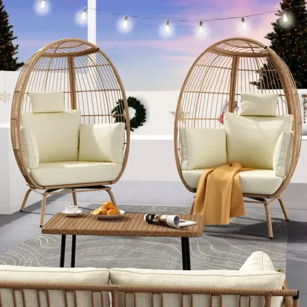 Beige single seater swing basket for balcony and garden with comfortable cushion.