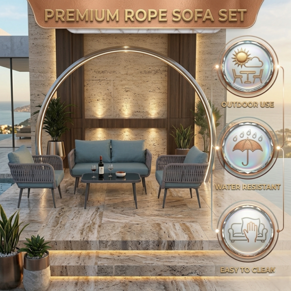 LOCCUS 4-Piece Outdoor Indoor Rope Patio Furniture Set - Grey & Blue - Image 5