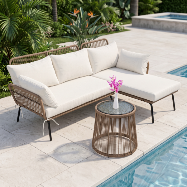 LOCCUS L-Shaped Outdoor Conversation Sofa Set with Cushions & Side Table - Beige & White
