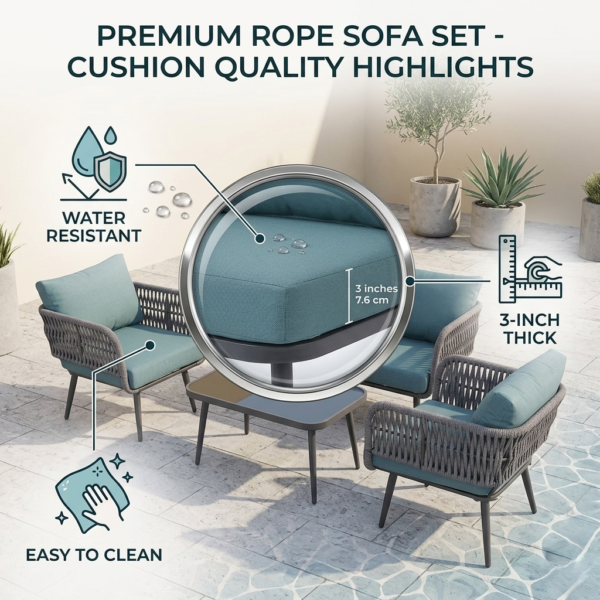 LOCCUS 4-Piece Outdoor Indoor Rope Patio Furniture Set - Grey & Blue - Image 4