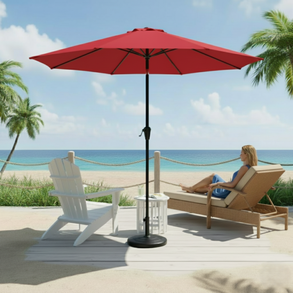 LOCCUS 9ft Outdoor Round Waterproof Patio Umbrella with Centre Pole Stand Ideal for Garden & Balcony - Maroon - Image 2