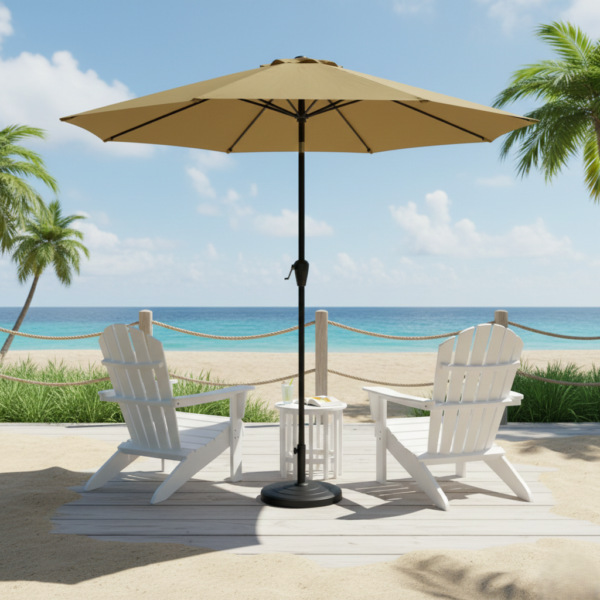 9ft Beige Color Outdoor Patio Umbrella UV-Resistant with Centre Pole Stand Ideal for Garden, Beach & Cafe