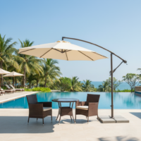 9 Ft Outdoor Patio Offset Cantilever Umbrella with Marble Base & Crank Handle for Garden (Off-white)