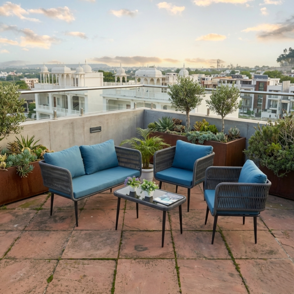 LOCCUS 4-Piece Outdoor Indoor Rope Patio Furniture Set - Grey & Blue - Image 2