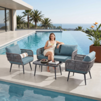 4-Piece Outdoor Indoor Rope Patio Furniture Set. Grey & Blue