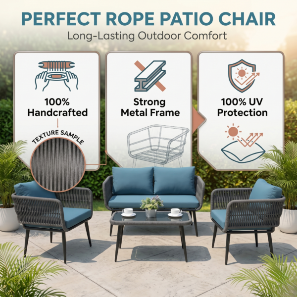 LOCCUS 4-Piece Outdoor Indoor Rope Patio Furniture Set - Grey & Blue - Image 6