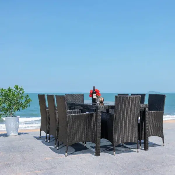 8-person rectangular outdoor dining set with black frame and off-white cushions