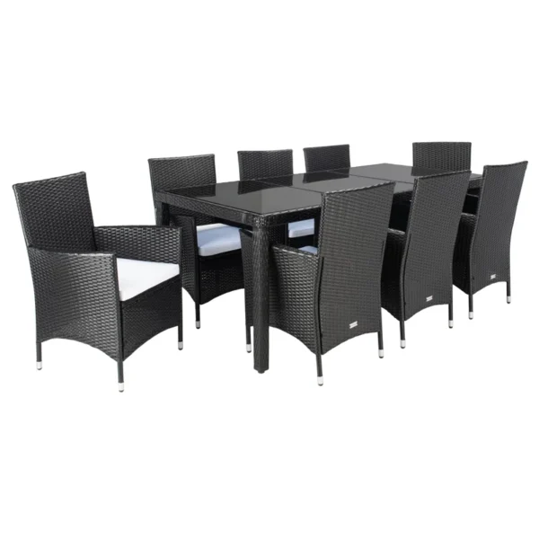 8-person rectangular outdoor dining set with black frame and off-white cushions