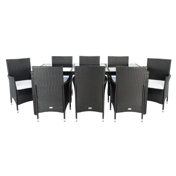 8-person rectangular outdoor dining set with black frame and off-white cushions